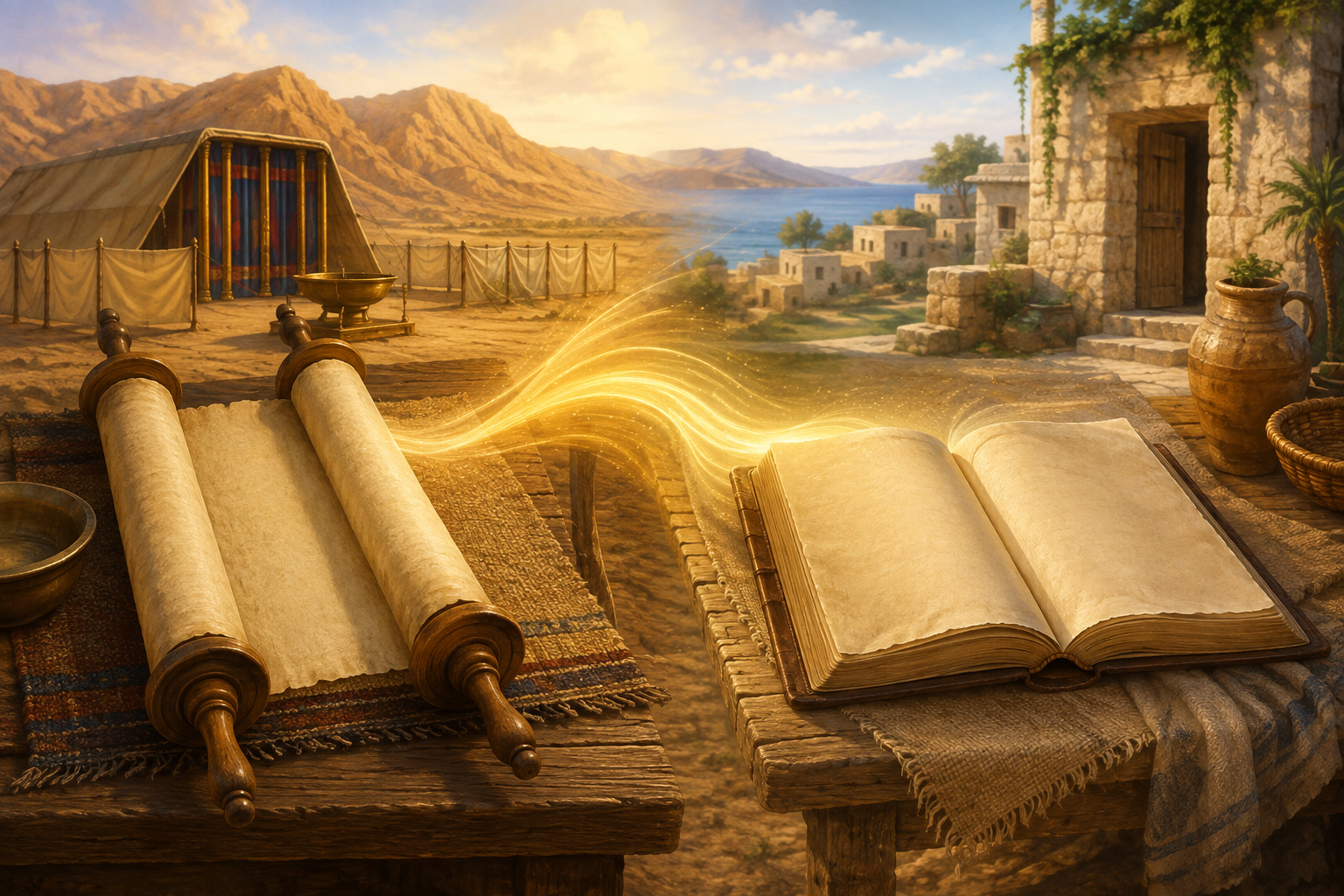 An ancient scroll and open Bible joined by warm light