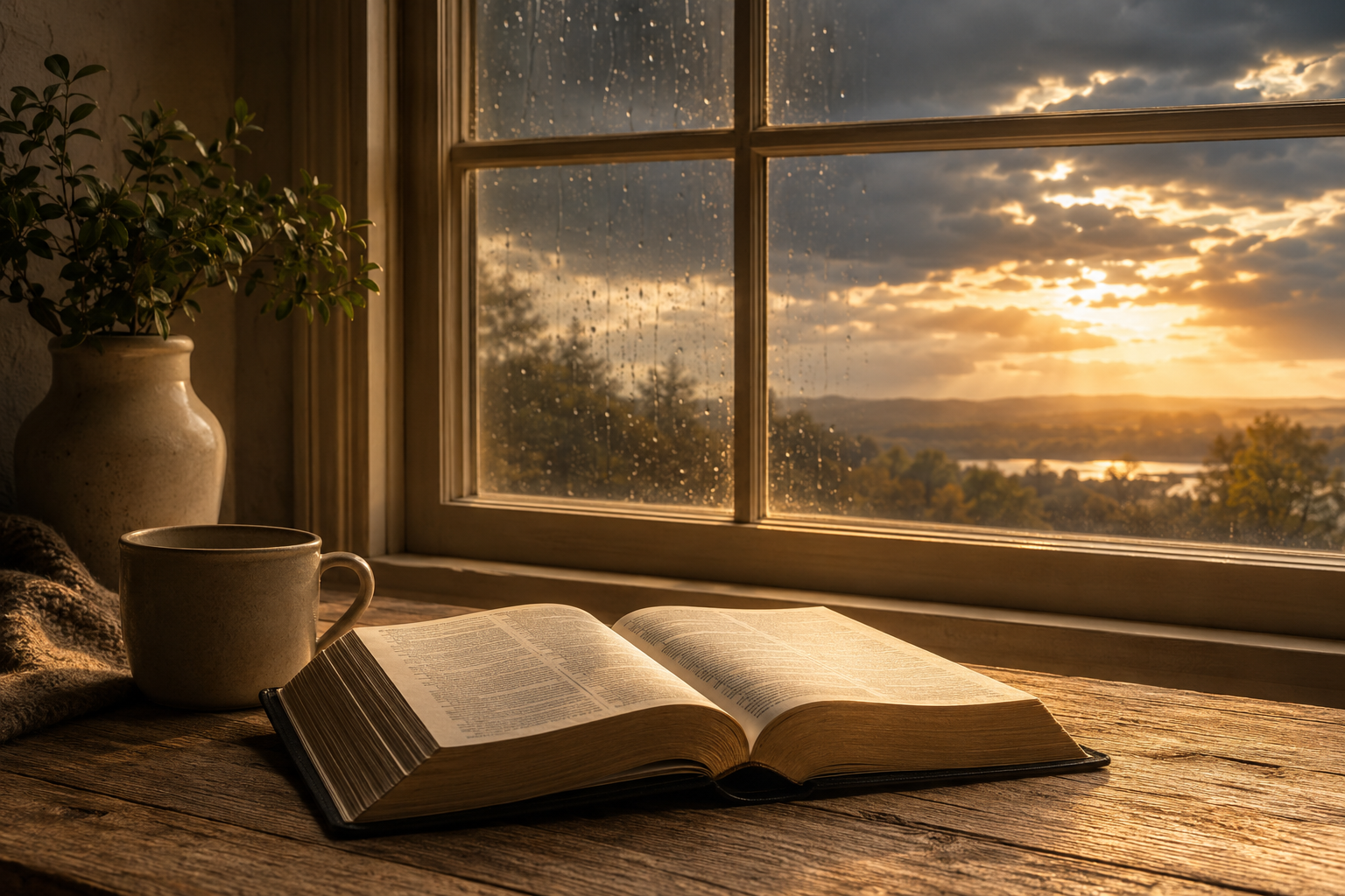 An open Bible in steady golden light near a window after a storm