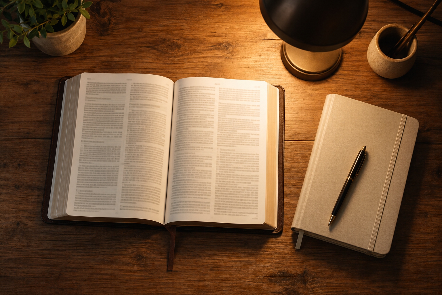 An organized Bible study desk with an open Bible, notebook, pen, and warm lamp