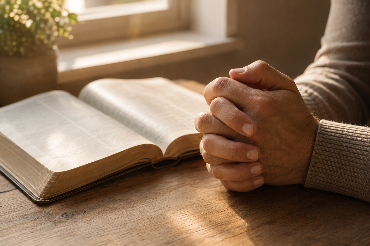 Folded hands beside an open Bible in quiet morning light