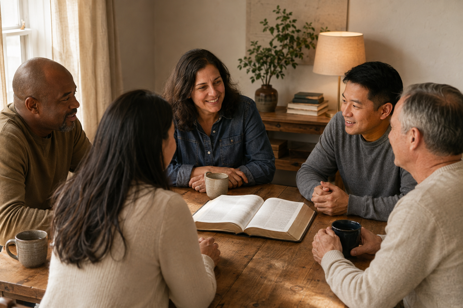 Christians studying an open Bible together in a welcoming room