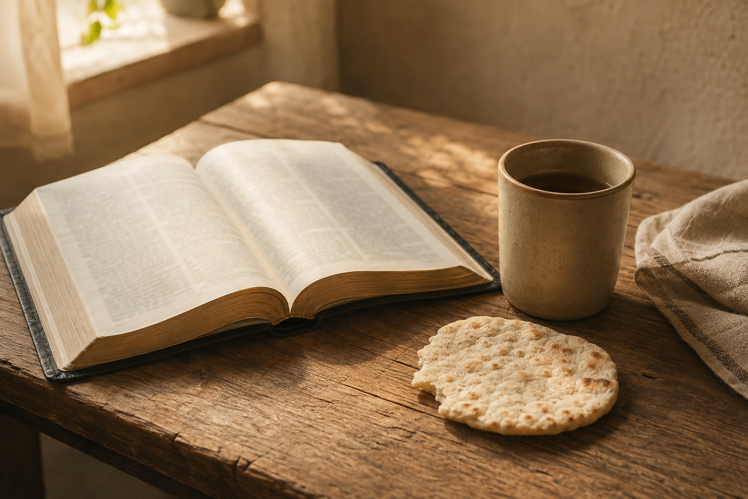 An open Bible beside simple communion bread and a cup in warm light