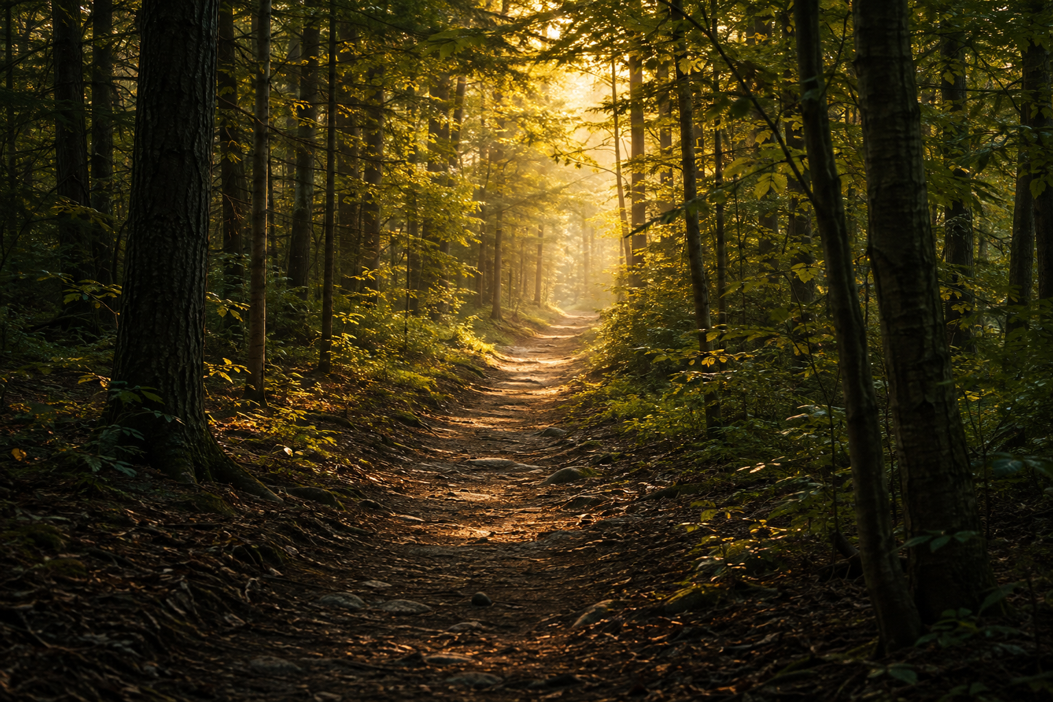 A narrow woodland path leading from shadow into clear morning light