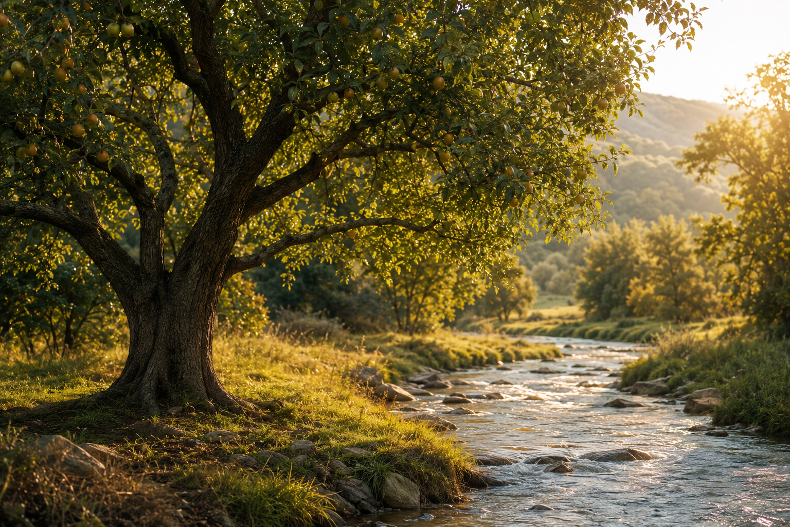 A healthy fruit-bearing tree growing beside a sunlit stream