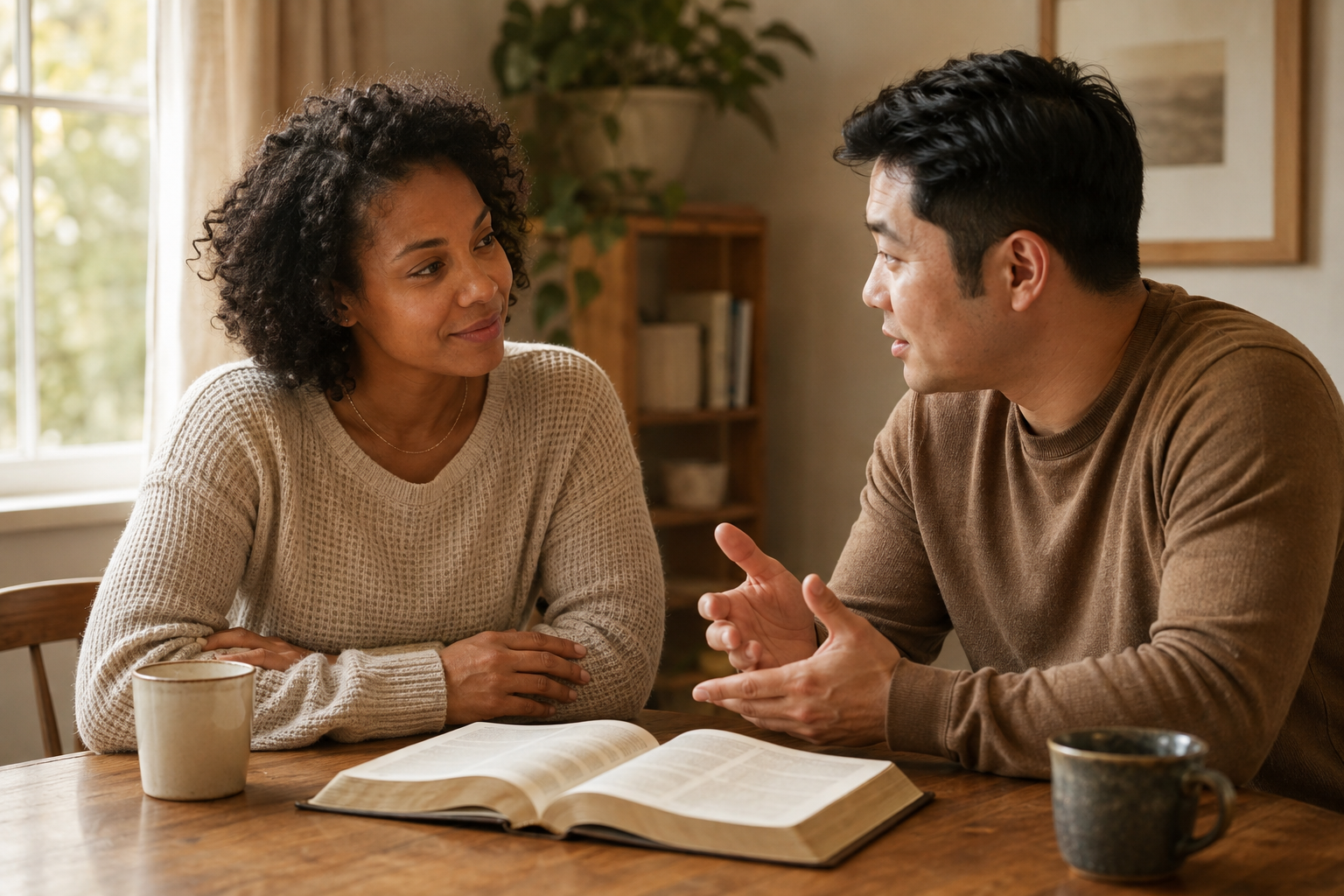 Two Christians studying an open Bible together at a welcoming table
