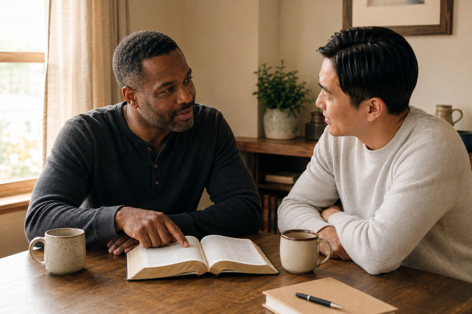 Two people having a friendly Bible conversation across a table