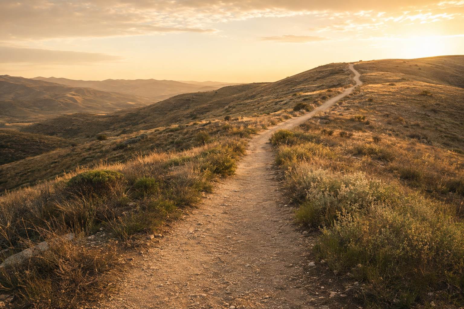 A long sunlit path rising toward the horizon through peaceful hills