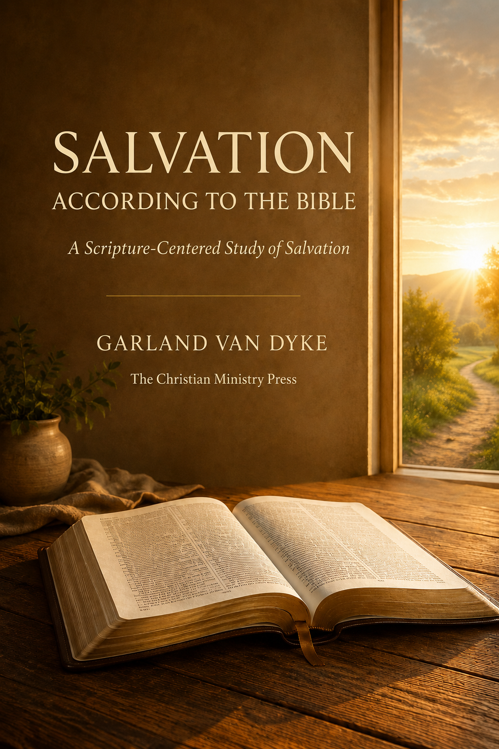 New front cover of Salvation According to the Bible by Garland Van Dyke, showing an open Bible beside a sunlit path