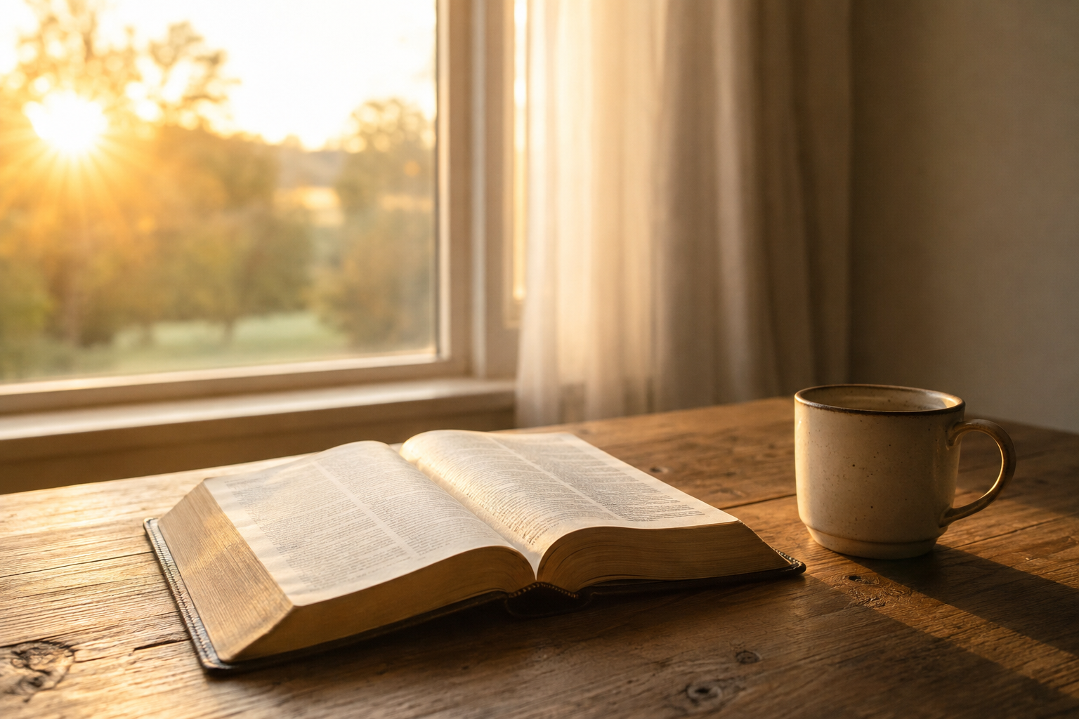A peaceful sunrise illuminating an open Bible in a quiet devotional setting