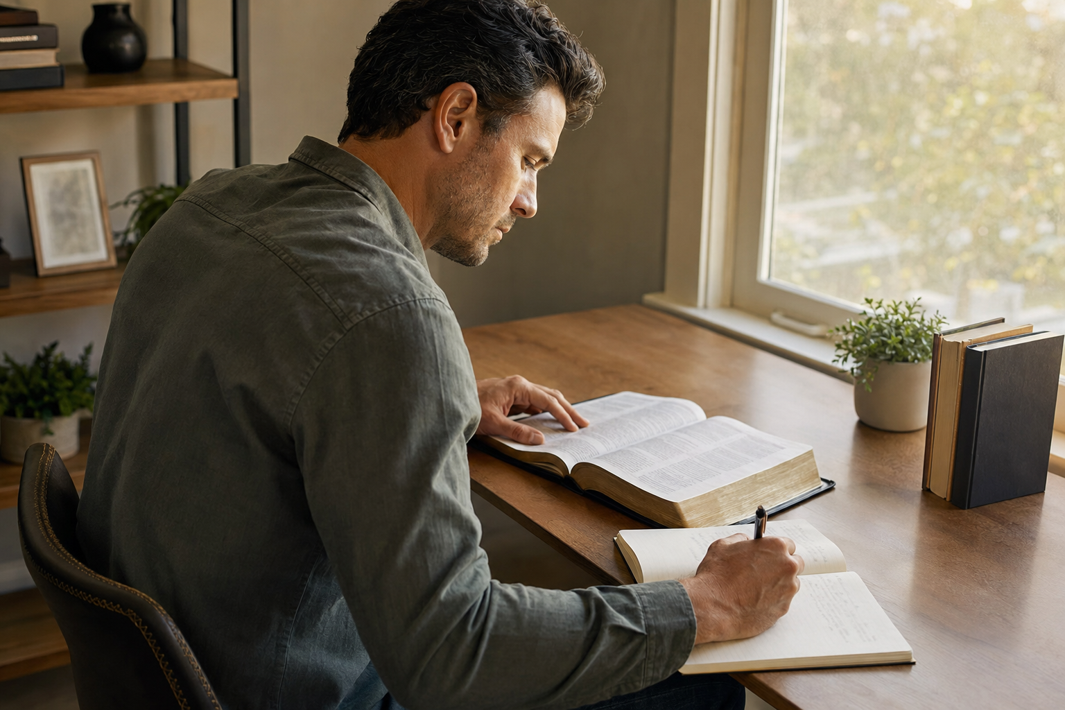 A person studying Scripture with an open Bible and notebook