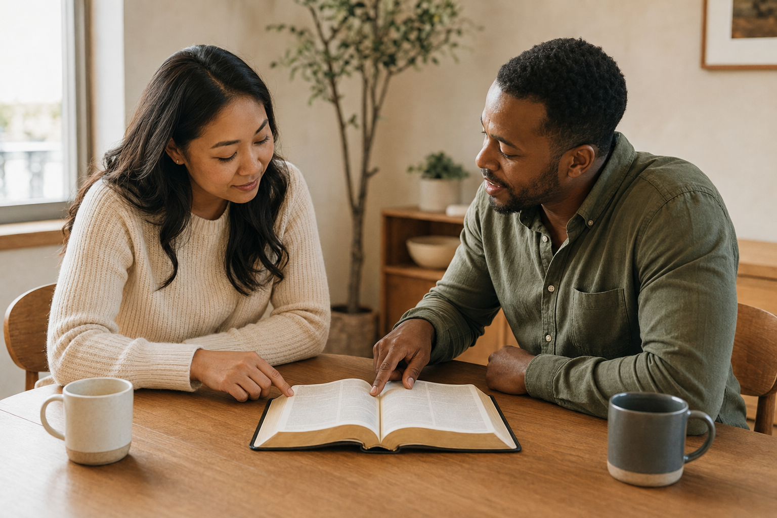 Two people studying the Bible together in a friendly setting
