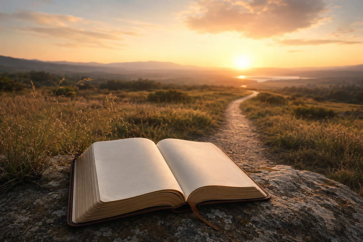 A path leading toward the light beside an open Bible